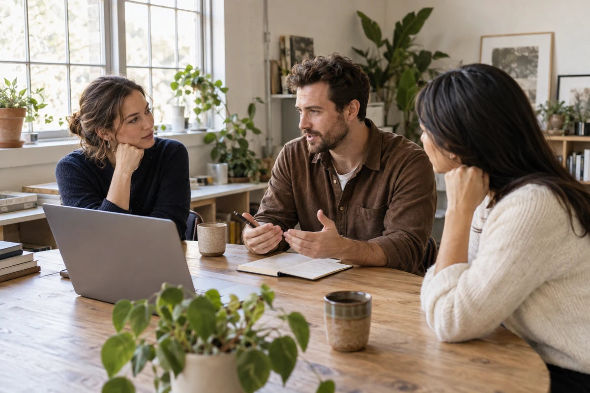 A consultant meeting a customer at a sunlit table