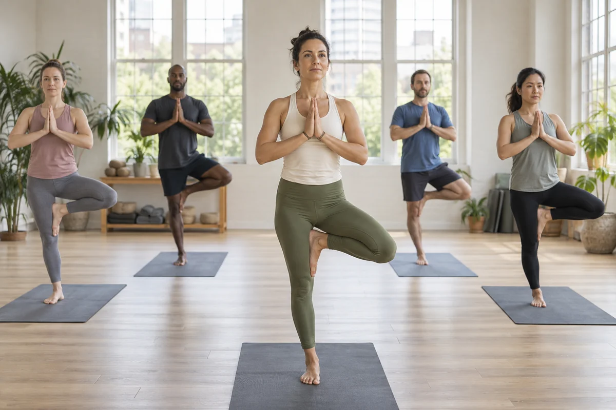 A yoga class in a bright fitness studio