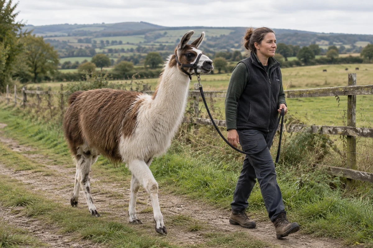 A llama and its guide on a natural countryside trail
